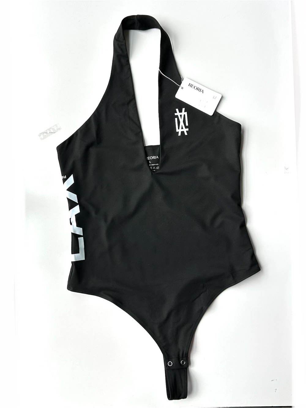 NWT ReoRia Women’s Black LAX Halter Bodysuit with White Logo Details